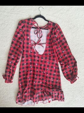 Red Plaid Bow-Back  Dress